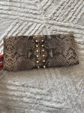 Michael Kors Beige and Brown Snake-Print Foldover Clutch with Gold Studs